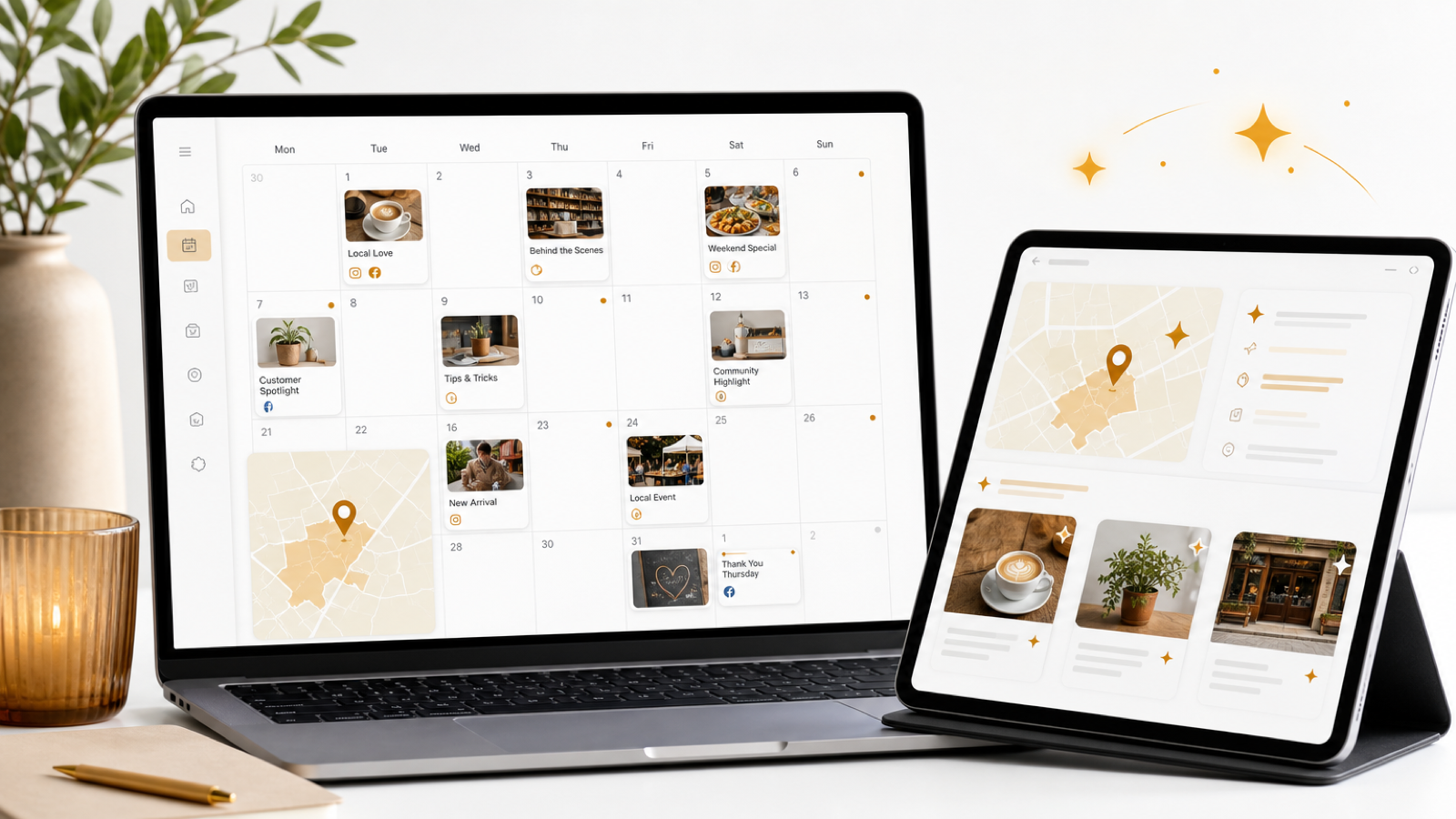 Digitaler Redaktionskalender für ein kleines Unternehmen mit geplanten lokalen Marketingaktionen