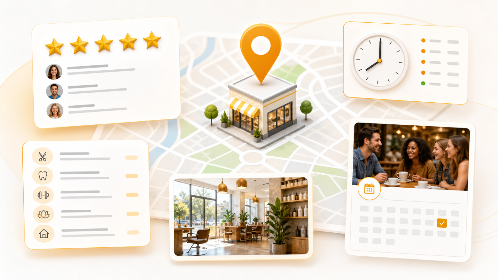 Fünf lokale Sichtbarkeitssignale für Google Business Profile auf einem modernen Dashboard