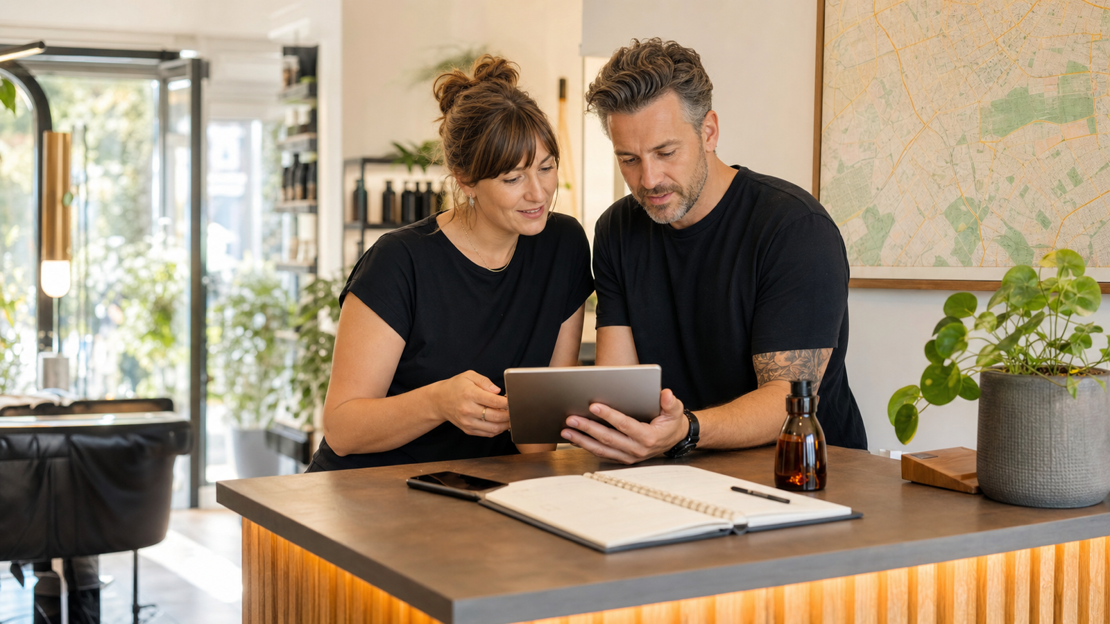 Zwei Inhaber eines lokalen Salons prüfen Buchungsdaten und Standortinformationen auf einem Tablet.