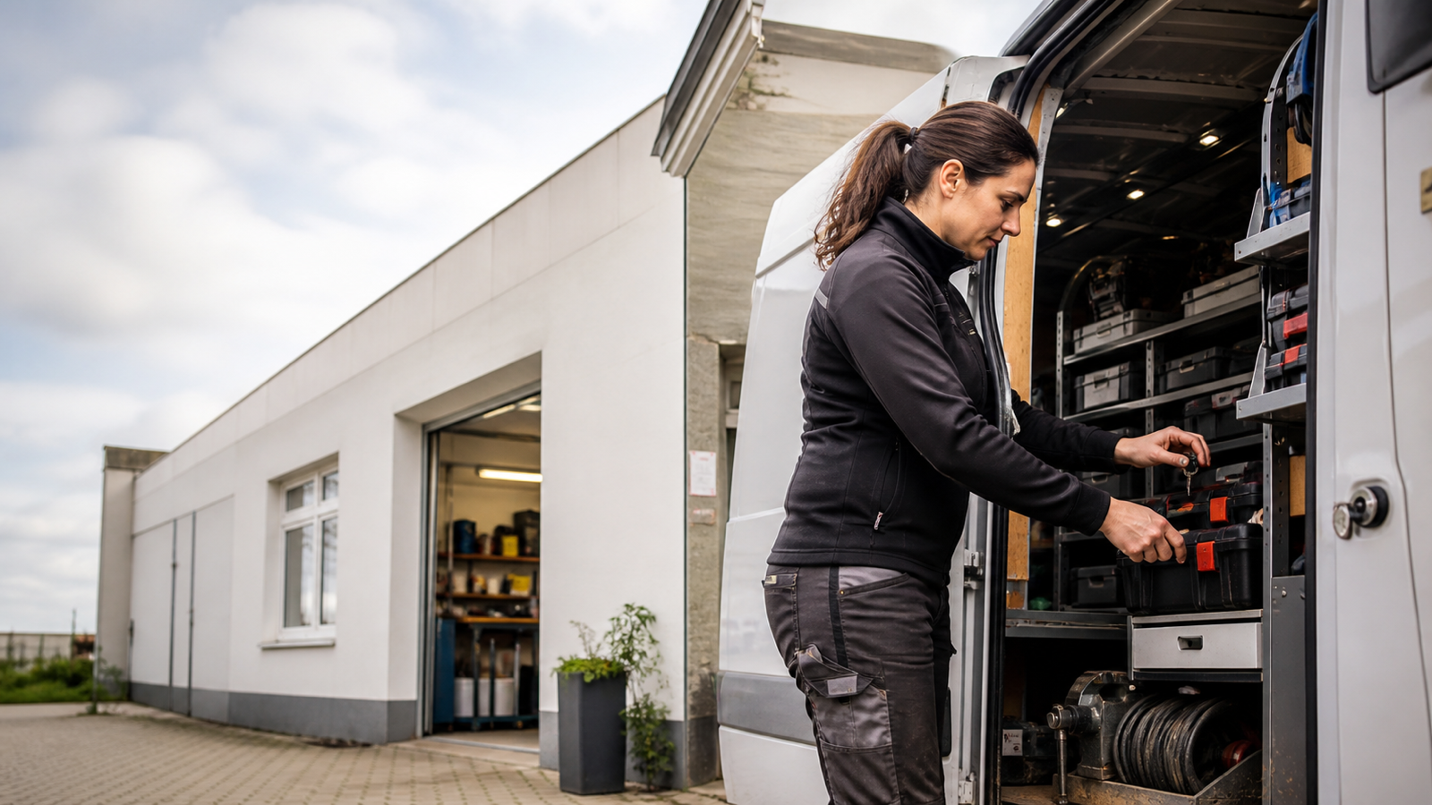 Erwachsene Servicetechnikerin ordnet Arbeitsgeräte in einem geöffneten Werkstattfahrzeug vor einer Betriebsstätte - AI GENERATED