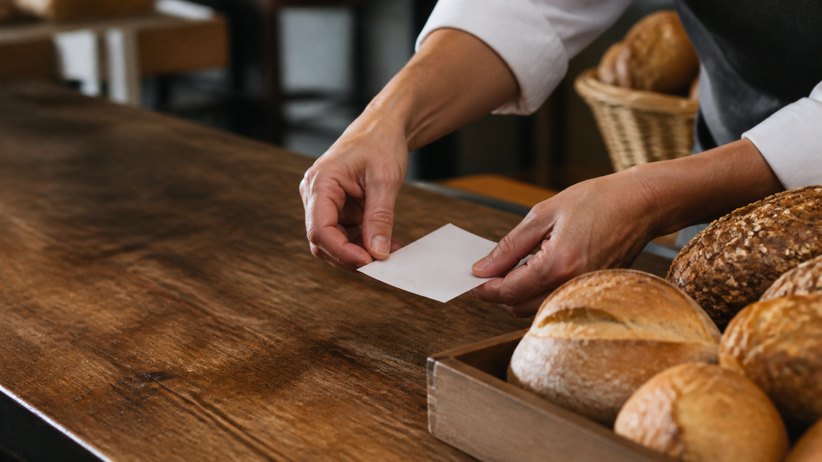 Erwachsene Hände prüfen einen leeren Feedbackbeleg an einer Bäckereitheke neben frischem Brot - AI GENERATED