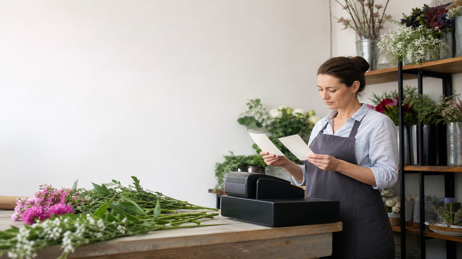 Erwachsene Floristin prüft zwei unbedruckte Budgetkarten in einem Blumenladen - AI GENERATED