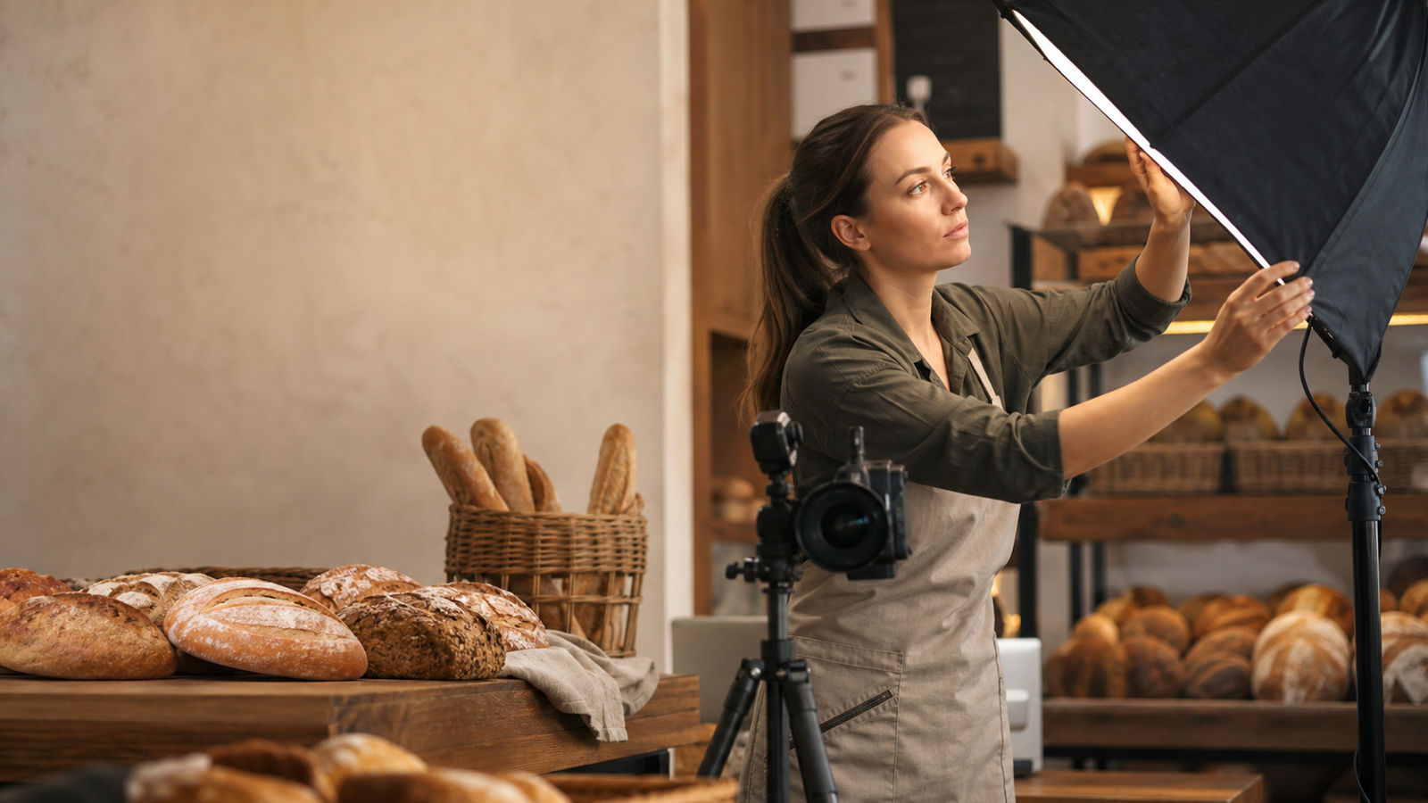 Erwachsene Videografin richtet in einer lokalen Bäckerei eine Kamera und Softbox für ein Produktvideo aus - AI GENERATED