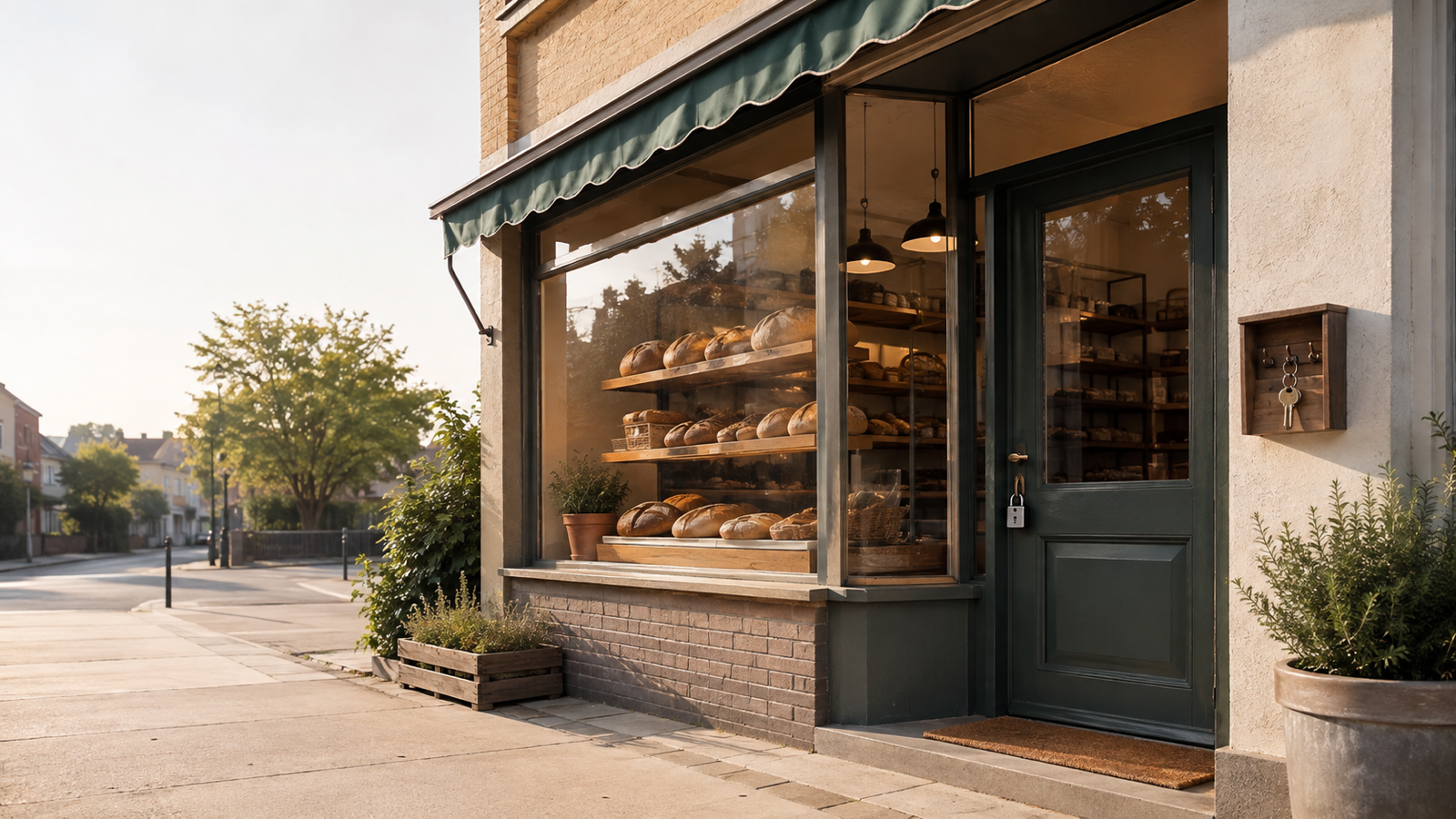 Menschenleerer Eingang einer lokalen Bäckerei mit Schlüsselhalter und Zugangstür am Morgen - AI GENERATED